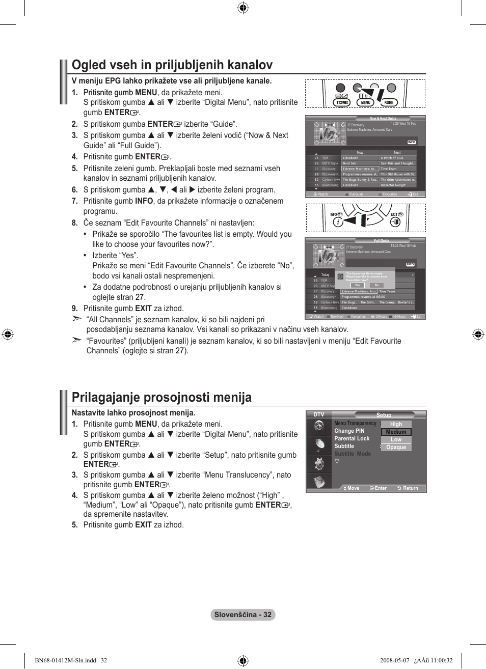 Ogled vseh in priljubljenih kanalov, Prilagajanje prosojnosti menija | Samsung LE22A656A1D User Manual | Page 385 / 403