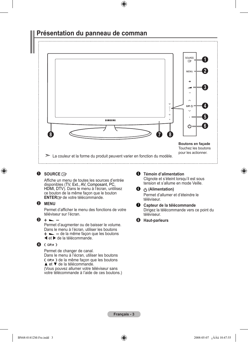 Présentation du panneau de comman | Samsung LE22A656A1D User Manual | Page 55 / 403