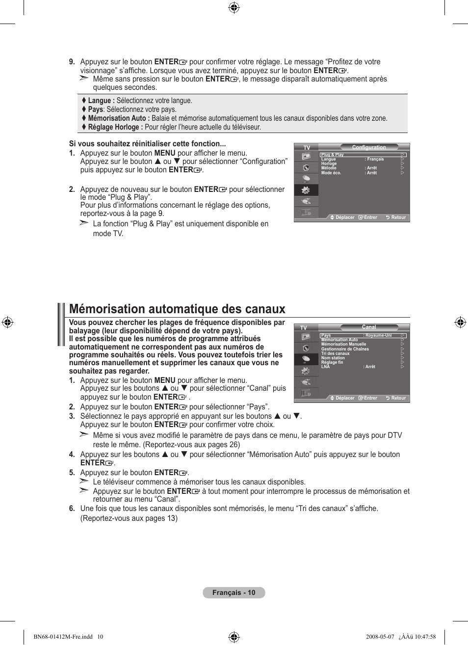 Mémorisation automatique des canaux | Samsung LE22A656A1D User Manual | Page 62 / 403