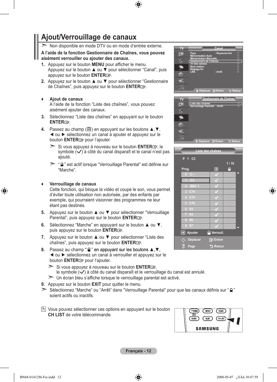 Ajout/verrouillage de canaux | Samsung LE22A656A1D User Manual | Page 64 / 403