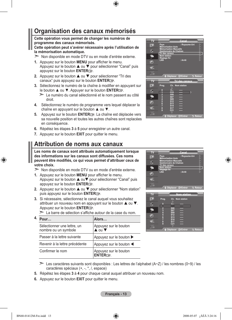 Organisation des canaux mémorisés, Attribution de noms aux canaux | Samsung LE22A656A1D User Manual | Page 65 / 403