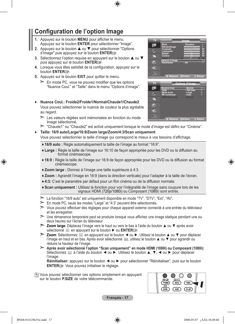 Configuration de l’option image | Samsung LE22A656A1D User Manual | Page 69 / 403