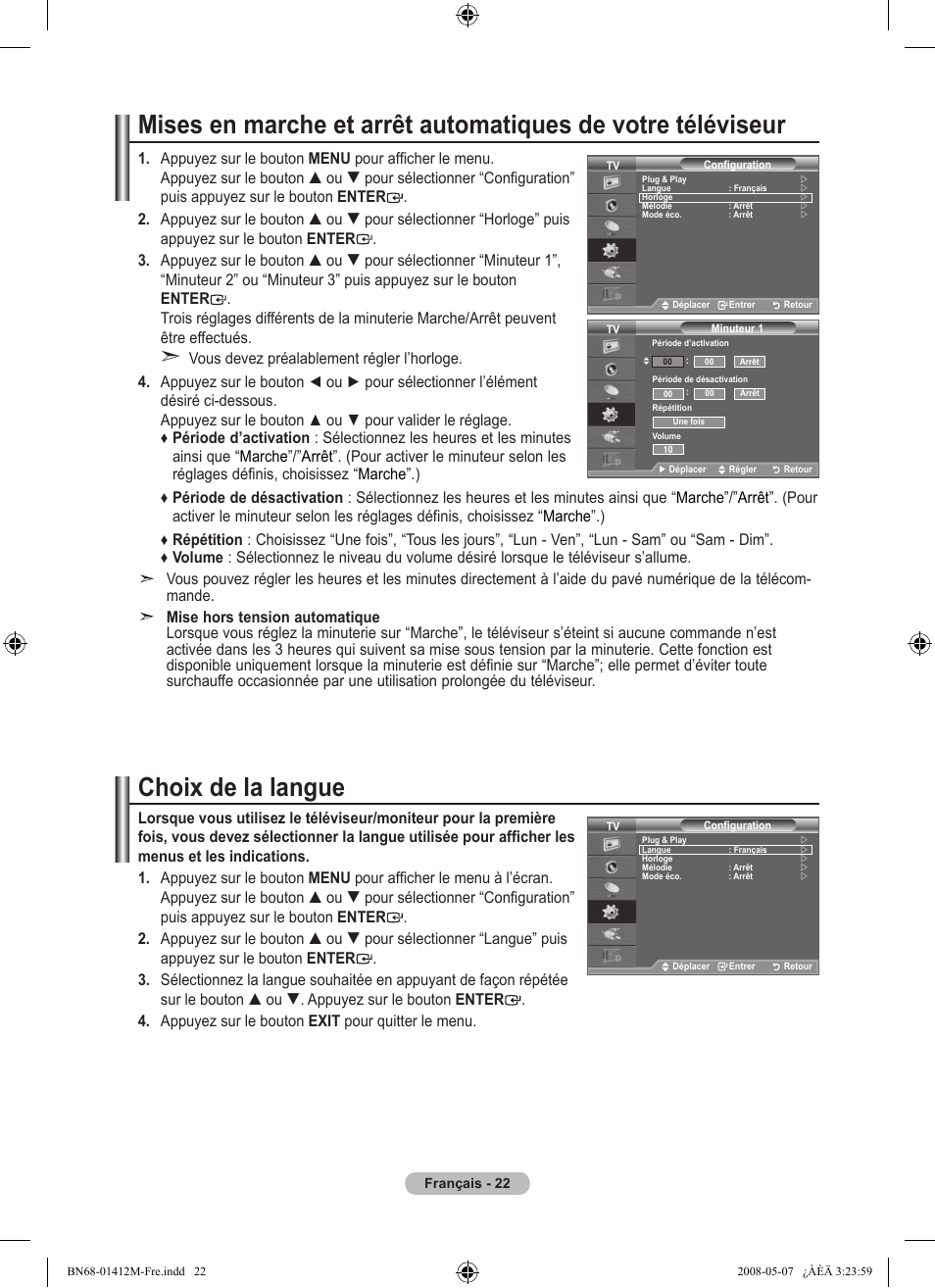 Choix de la langue | Samsung LE22A656A1D User Manual | Page 74 / 403