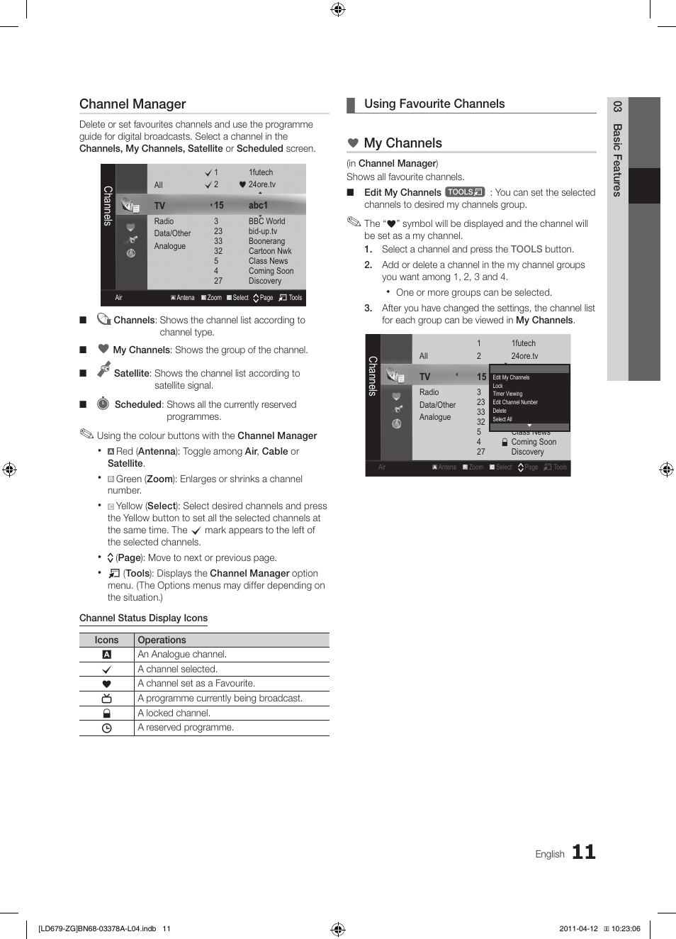 Channel manager, My channels | Samsung LE46D679M3S User Manual | Page 11 / 217