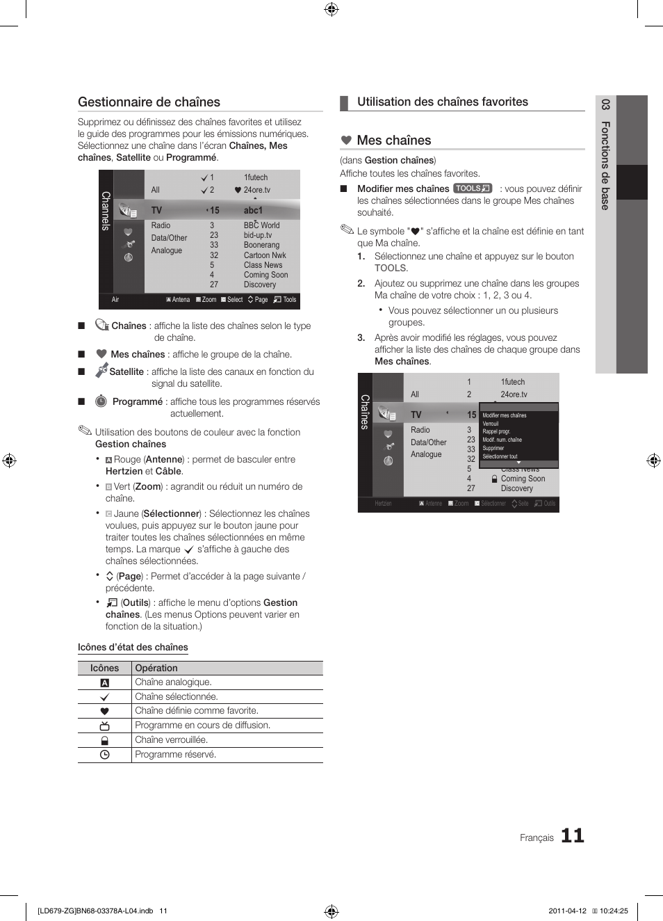 Gestionnaire de chaînes, Mes chaînes | Samsung LE46D679M3S User Manual | Page 119 / 217