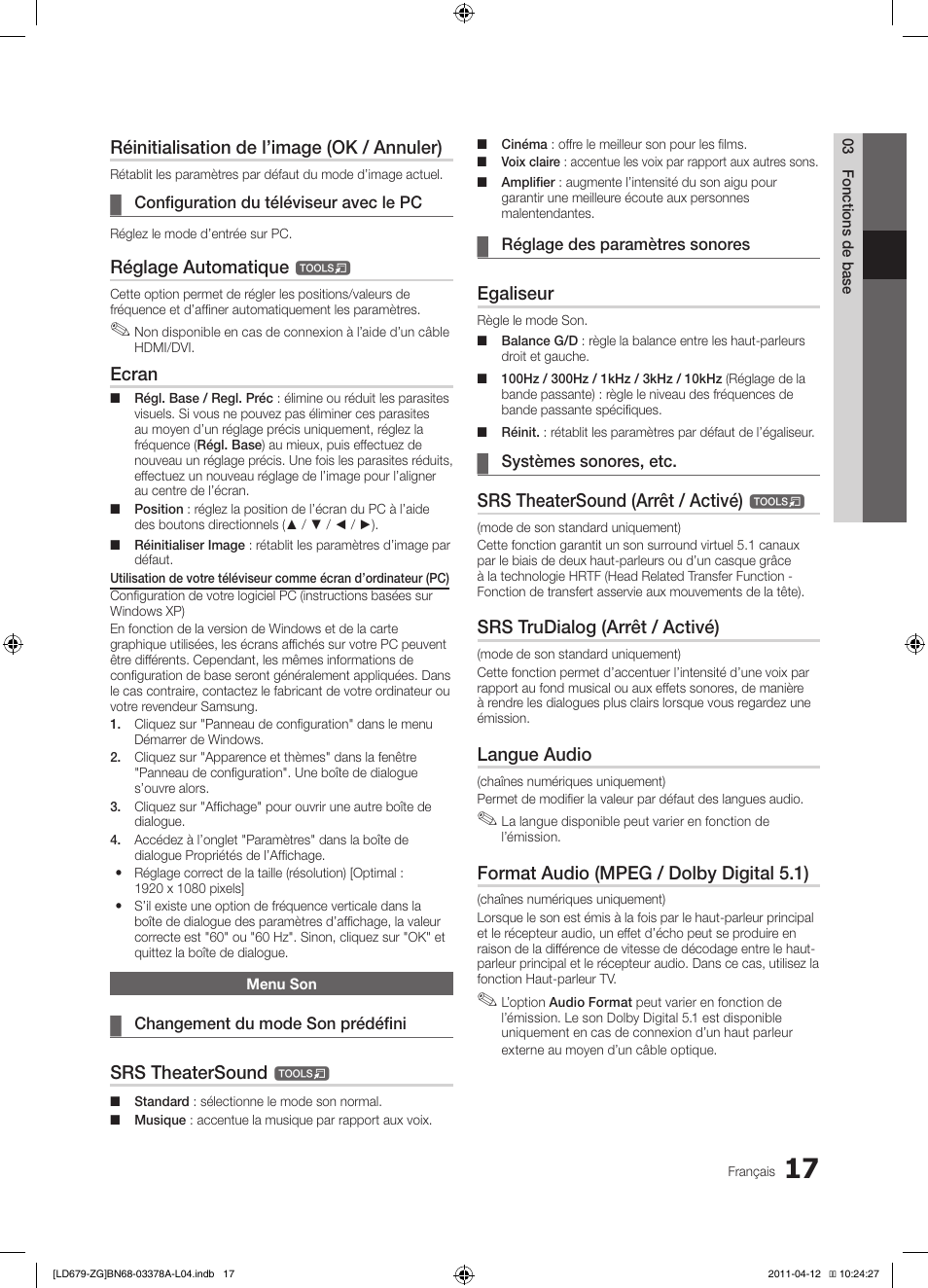 Réinitialisation de l’image (ok / annuler), Réglage automatique, Ecran | Srs theatersound, Egaliseur, Srs theatersound (arrêt / activé), Srs trudialog (arrêt / activé), Langue audio, Format audio (mpeg / dolby digital 5.1) | Samsung LE46D679M3S User Manual | Page 125 / 217
