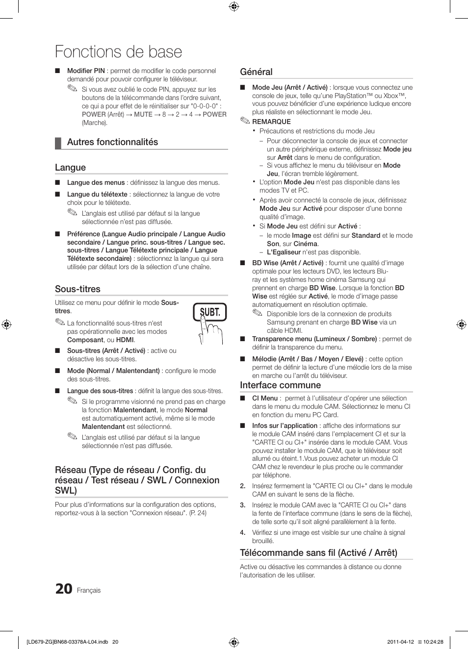 Fonctions de base | Samsung LE46D679M3S User Manual | Page 128 / 217