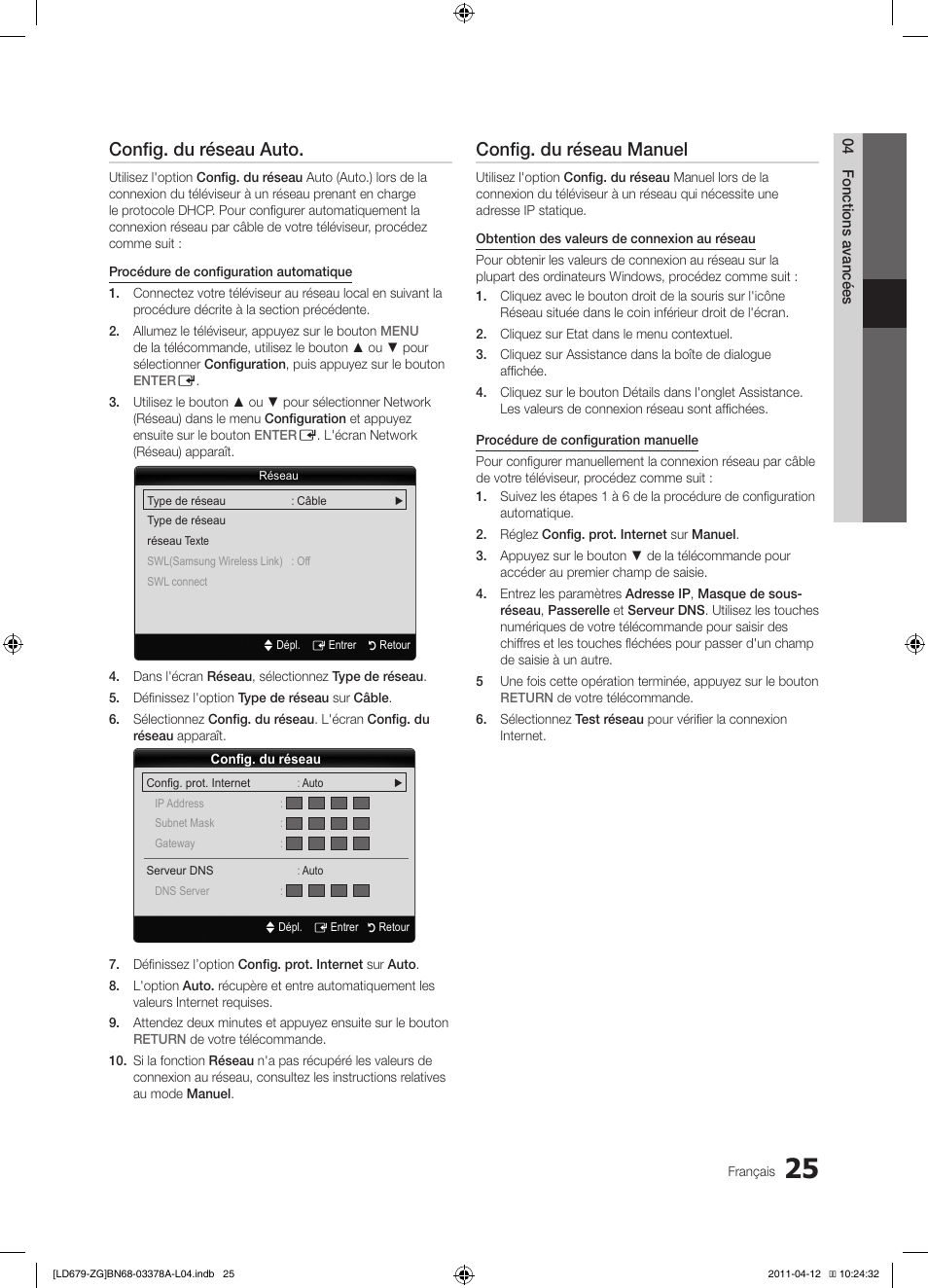Config. du réseau auto, Config. du réseau manuel | Samsung LE46D679M3S User Manual | Page 133 / 217