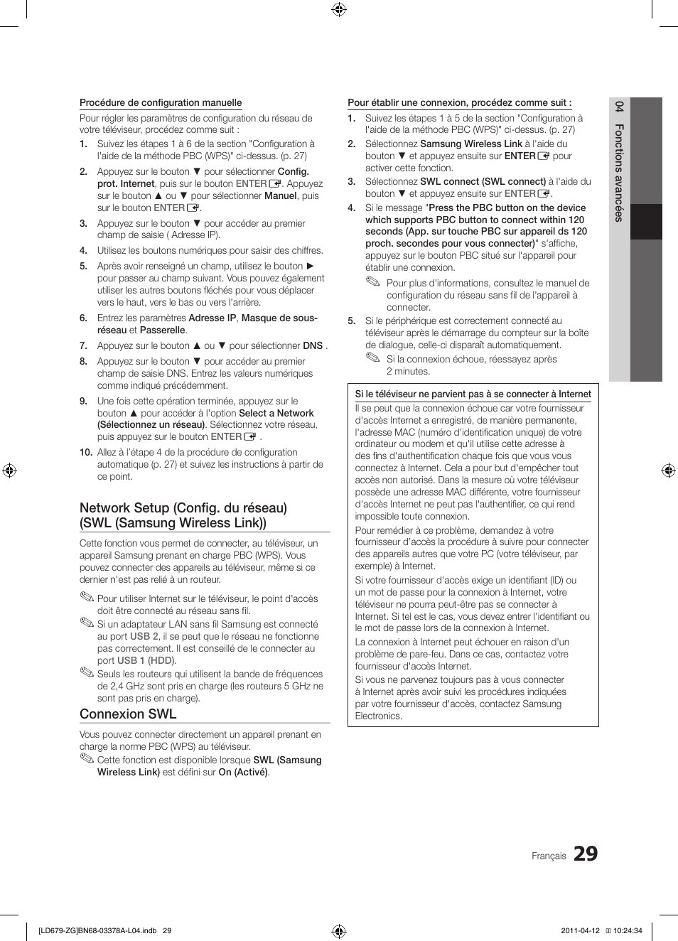 Connexion swl | Samsung LE46D679M3S User Manual | Page 137 / 217