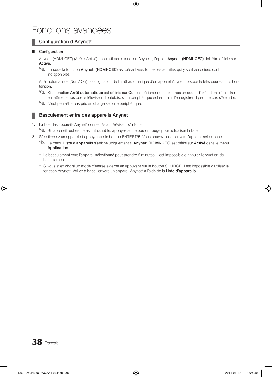 Fonctions avancées | Samsung LE46D679M3S User Manual | Page 146 / 217