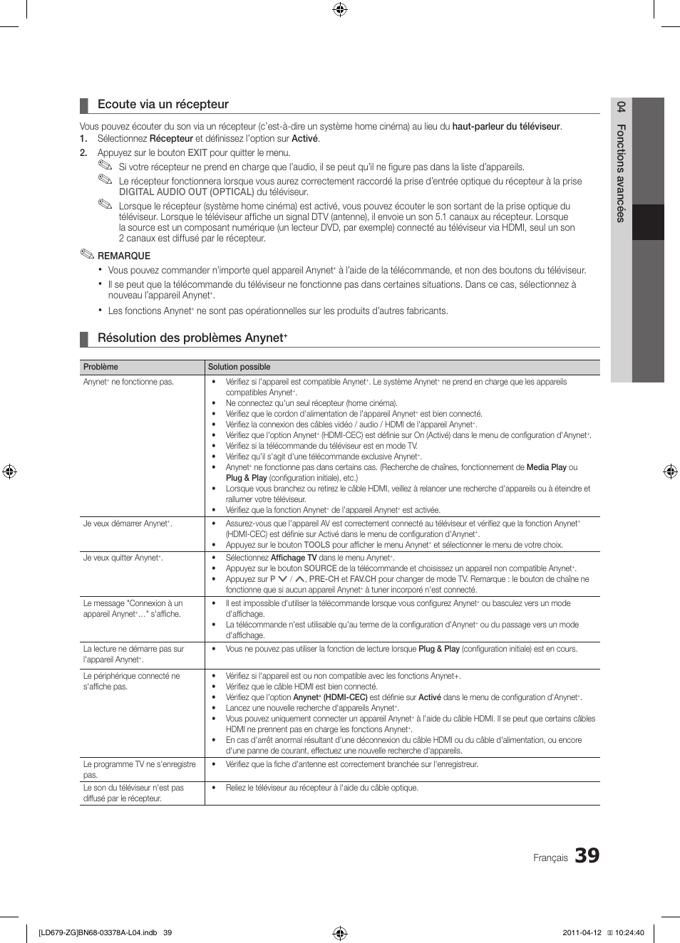 Ecoute via un récepteur, Résolution des problèmes anynet | Samsung LE46D679M3S User Manual | Page 147 / 217