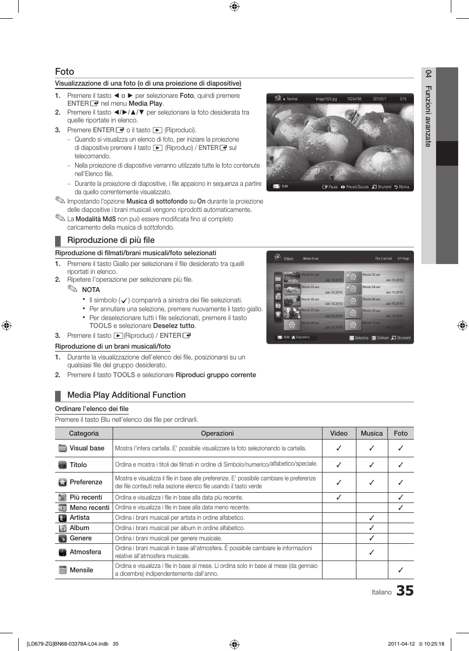 Foto, Riproduzione di più file, Media play additional function | Samsung LE46D679M3S User Manual | Page 197 / 217