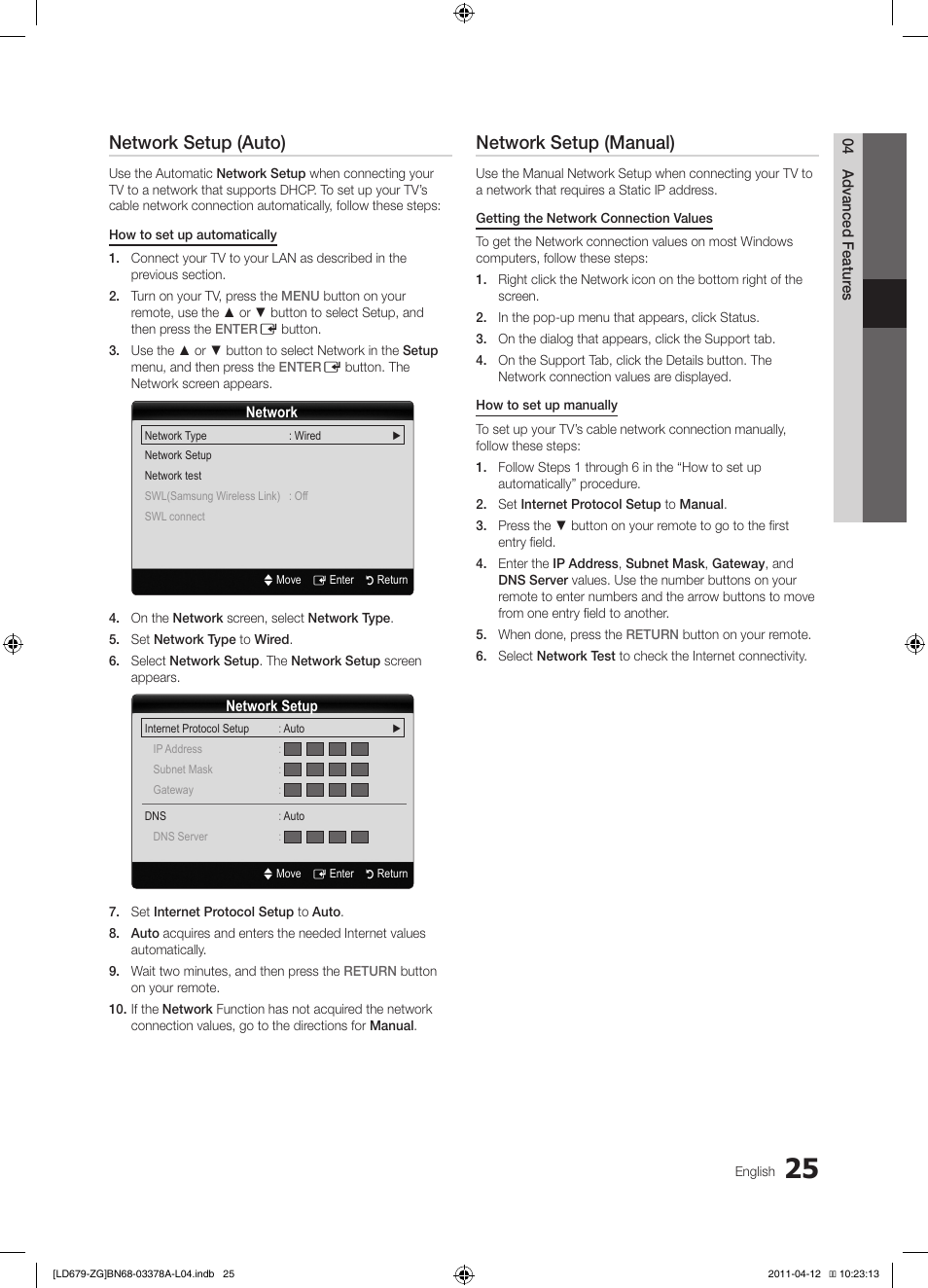 Network setup (auto), Network setup (manual) | Samsung LE46D679M3S User Manual | Page 25 / 217