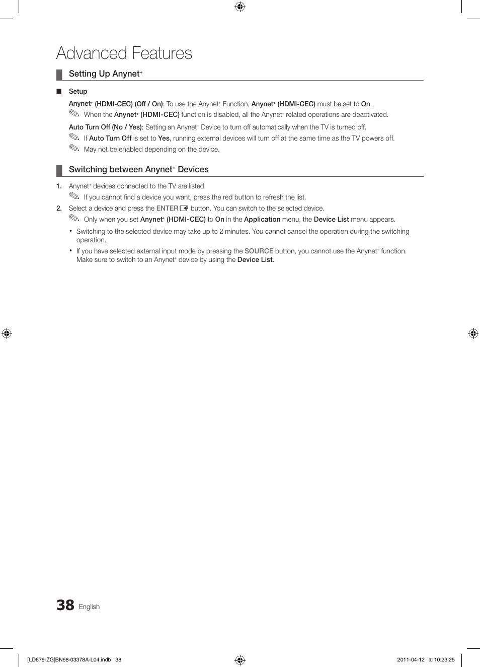 Advanced features | Samsung LE46D679M3S User Manual | Page 38 / 217