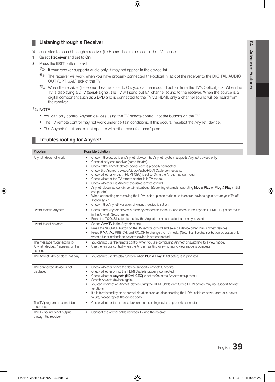 Listening through a receiver, Troubleshooting for anynet | Samsung LE46D679M3S User Manual | Page 39 / 217