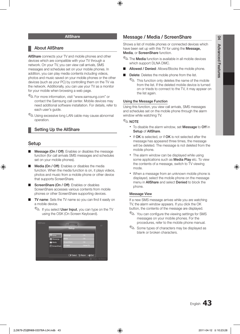 Setup, Message / media / screenshare | Samsung LE46D679M3S User Manual | Page 43 / 217