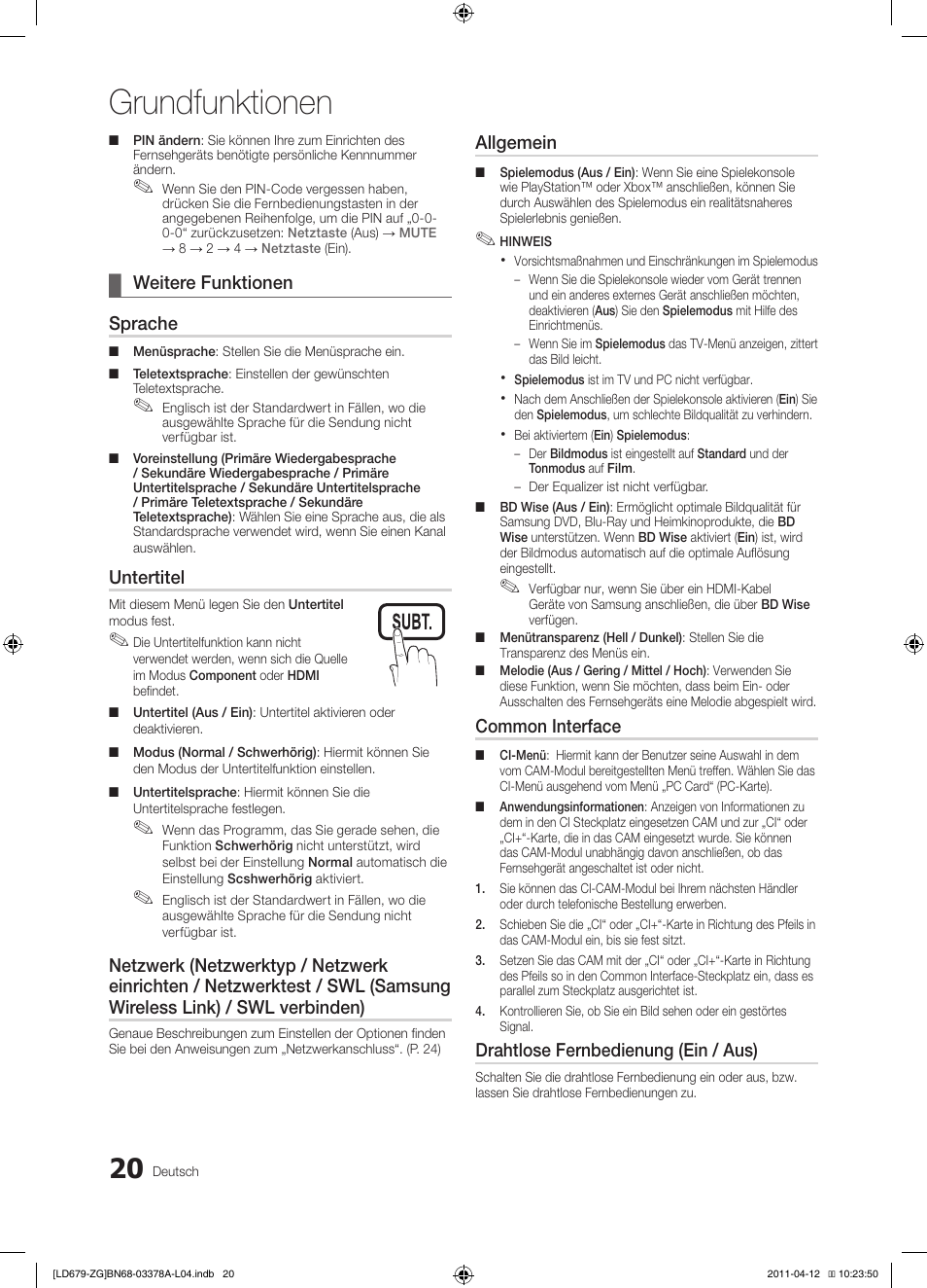 Grundfunktionen, Weitere funktionen sprache, Untertitel | Allgemein, Common interface, Drahtlose fernbedienung (ein / aus) | Samsung LE46D679M3S User Manual | Page 74 / 217