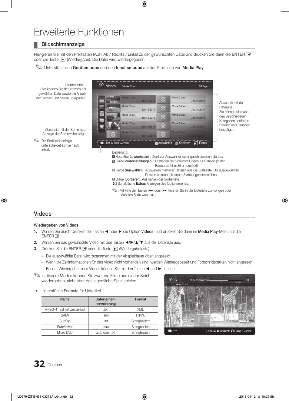 Erweiterte funktionen, Videos, Bildschirmanzeige | Samsung LE46D679M3S User Manual | Page 86 / 217