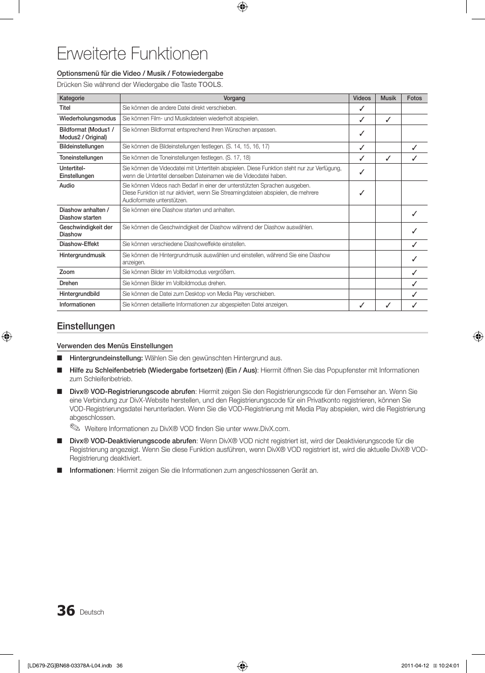 Erweiterte funktionen, Einstellungen | Samsung LE46D679M3S User Manual | Page 90 / 217