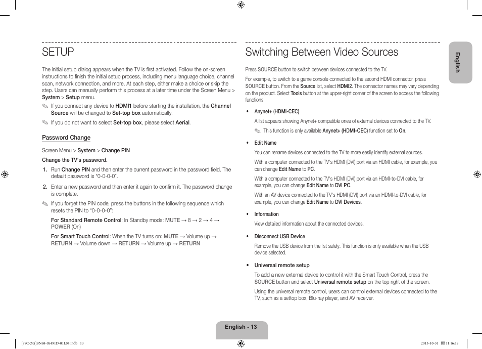 Switching between video sources, Setup | Samsung KE55S9CSL User Manual | Page 13 / 97