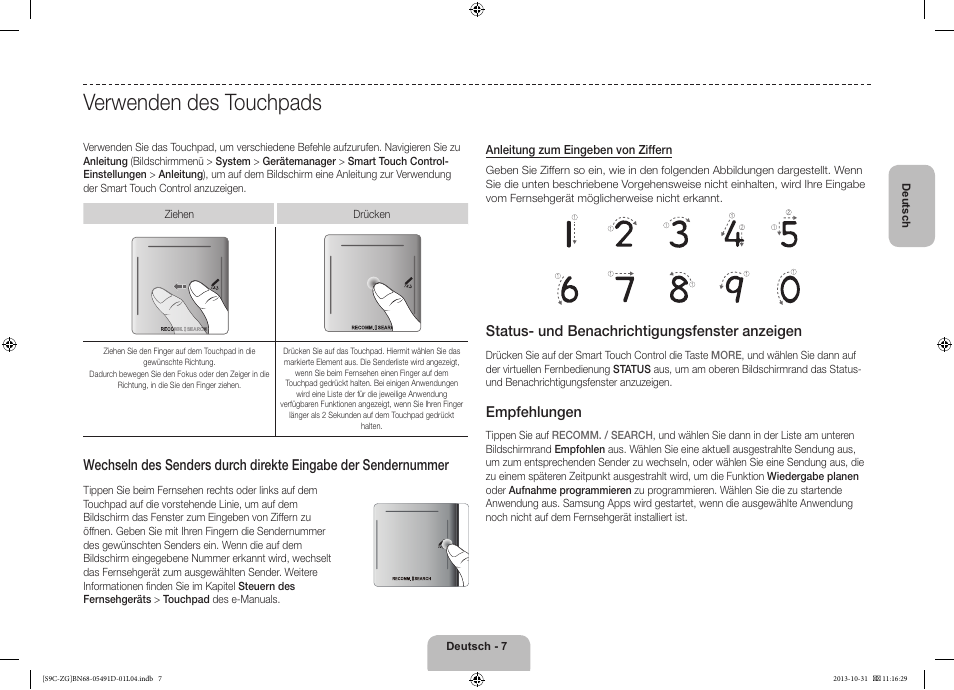 Verwenden des touchpads, Status- und benachrichtigungsfenster anzeigen, Empfehlungen | Samsung KE55S9CSL User Manual | Page 31 / 97