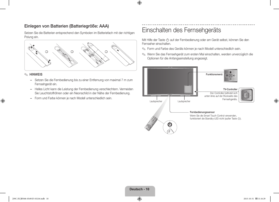 Einschalten des fernsehgeräts, Einlegen von batterien (batteriegröße: aaa) | Samsung KE55S9CSL User Manual | Page 34 / 97