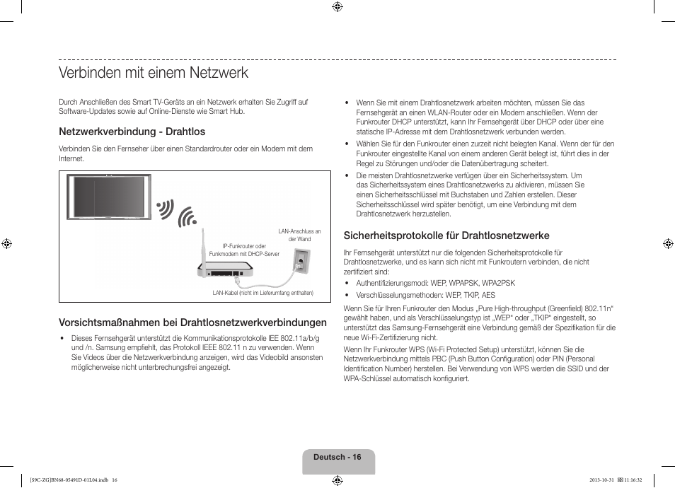 Verbinden mit einem netzwerk, Netzwerkverbindung - drahtlos, Sicherheitsprotokolle für drahtlosnetzwerke | Samsung KE55S9CSL User Manual | Page 40 / 97