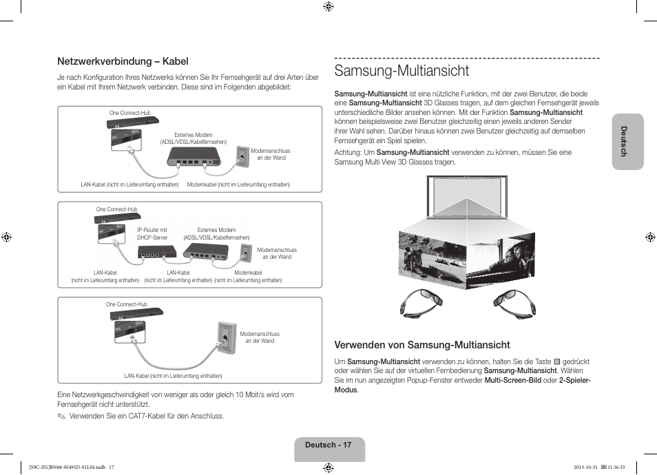 Samsung-multiansicht, Netzwerkverbindung – kabel, Verwenden von samsung-multiansicht | Samsung KE55S9CSL User Manual | Page 41 / 97