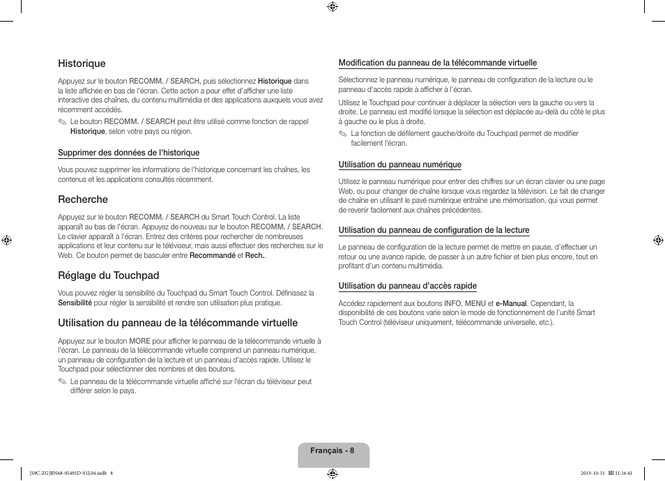 Historique, Recherche, Réglage du touchpad | Samsung KE55S9CSL User Manual | Page 56 / 97
