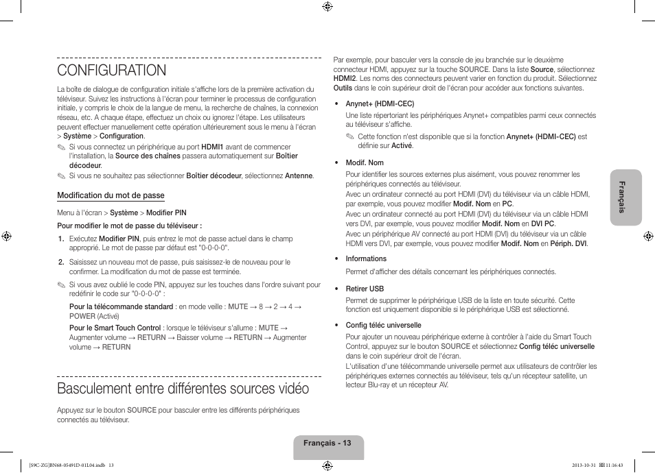Configuration, Basculement entre différentes sources vidéo | Samsung KE55S9CSL User Manual | Page 61 / 97
