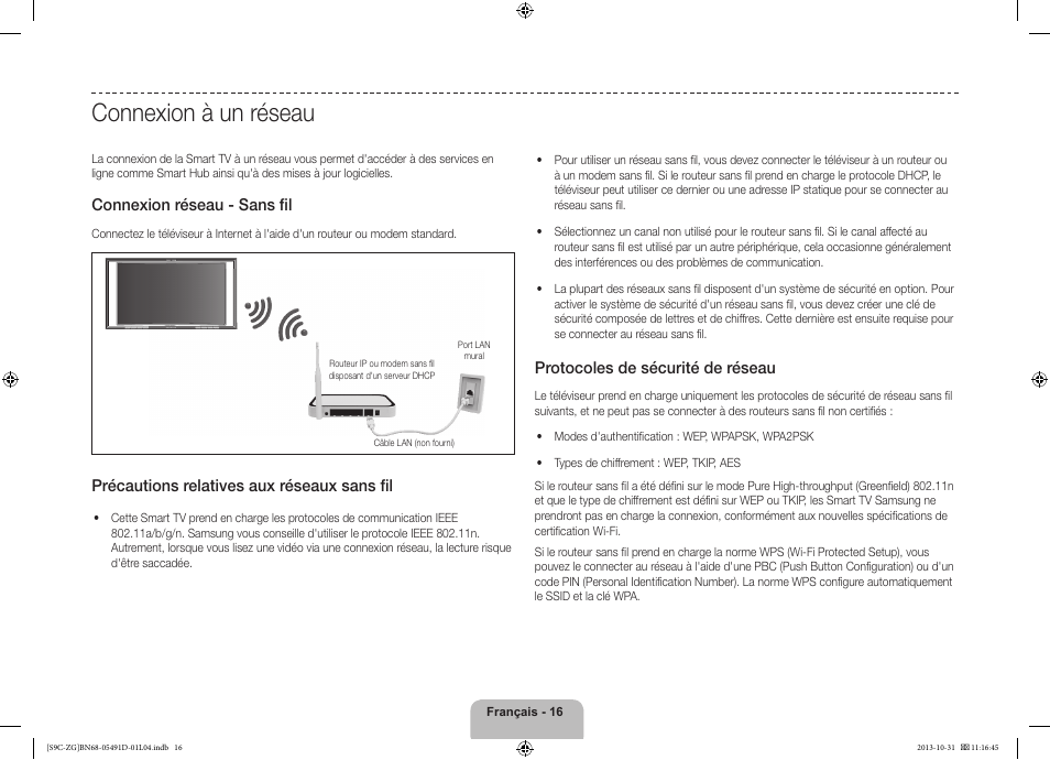 Connexion à un réseau, Connexion réseau - sans fil, Précautions relatives aux réseaux sans fil | Protocoles de sécurité de réseau | Samsung KE55S9CSL User Manual | Page 64 / 97