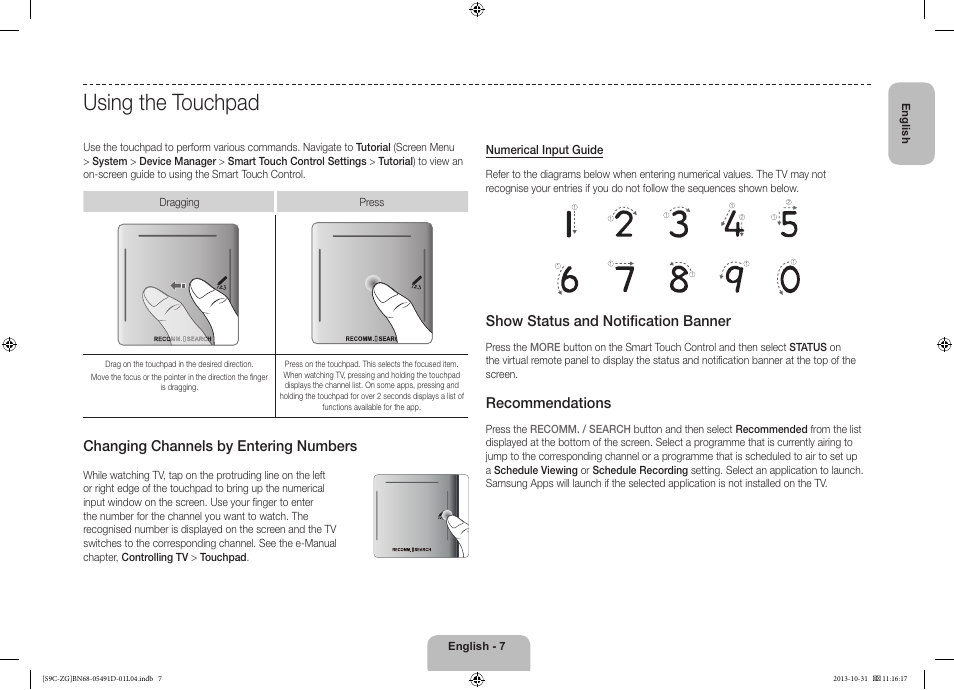 Using the touchpad, Changing channels by entering numbers, Show status and notification banner | Recommendations | Samsung KE55S9CSL User Manual | Page 7 / 97