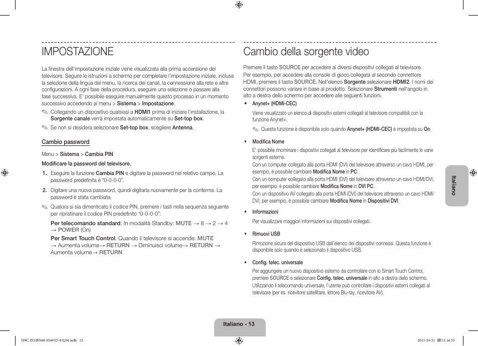 Impostazione, Cambio della sorgente video | Samsung KE55S9CSL User Manual | Page 85 / 97
