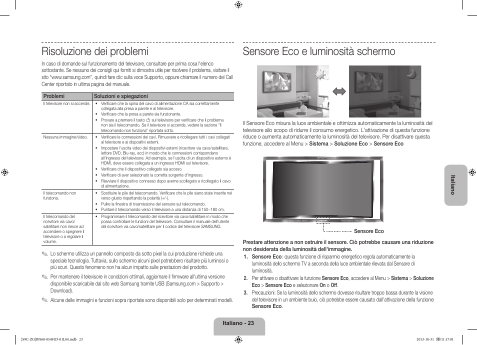Risoluzione dei problemi, Sensore eco e luminosità schermo | Samsung KE55S9CSL User Manual | Page 95 / 97