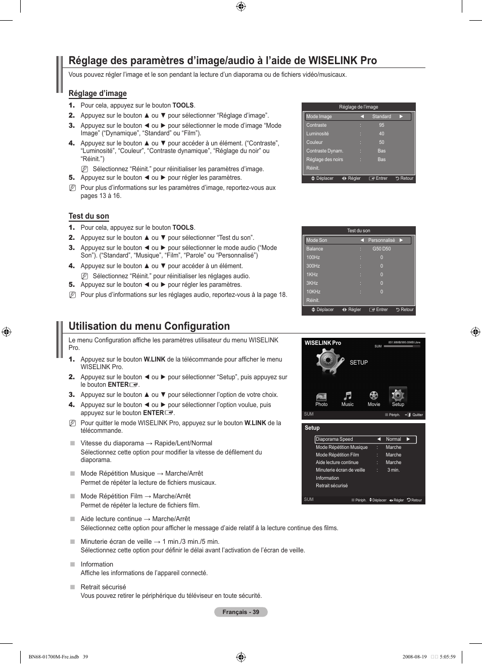 Utilisation du menu configuration, Réglage d’image, Test du son | Samsung LE46A756R1M User Manual | Page 101 / 422