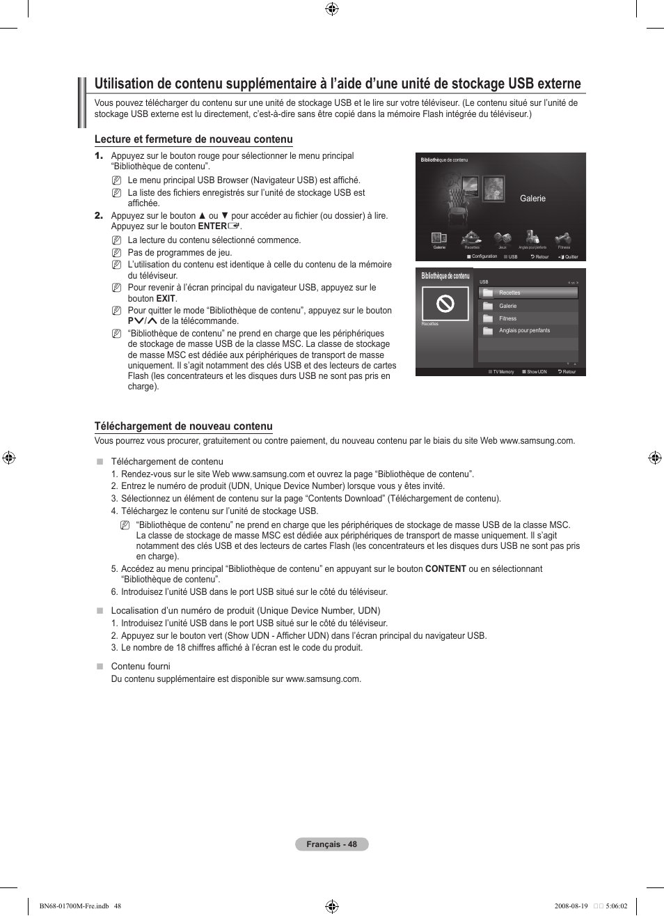 Lecture et fermeture de nouveau contenu, Téléchargement de nouveau contenu | Samsung LE46A756R1M User Manual | Page 110 / 422