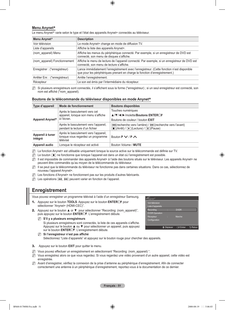 Enregistrement, Menu anynet | Samsung LE46A756R1M User Manual | Page 113 / 422