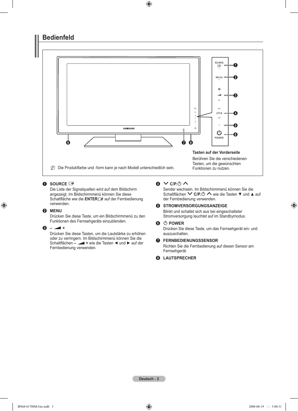 Bedienfeld | Samsung LE46A756R1M User Manual | Page 125 / 422