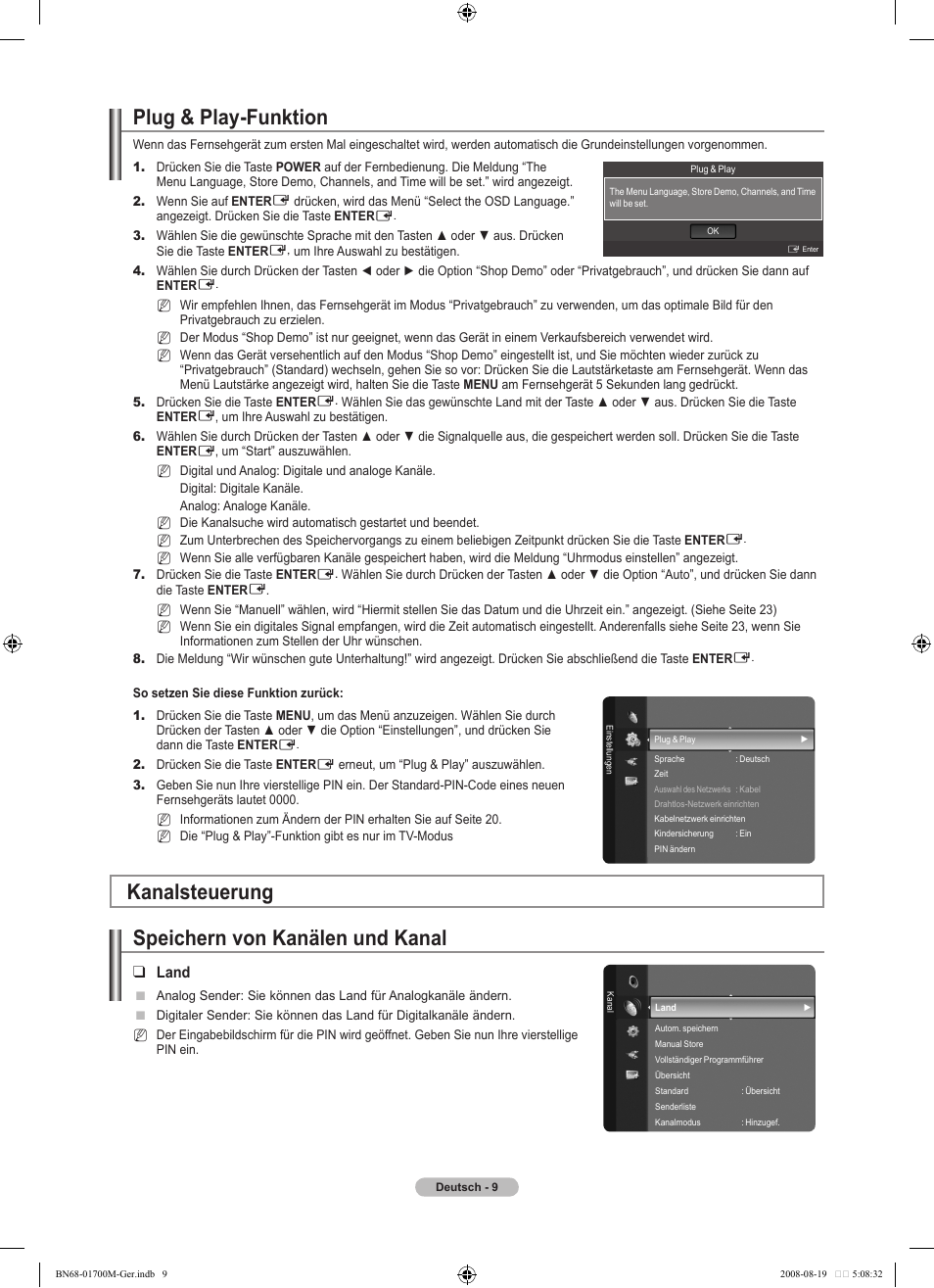 Plug & play-funktion, Kanalsteuerung speichern von kanälen und kanal, Land | Samsung LE46A756R1M User Manual | Page 131 / 422