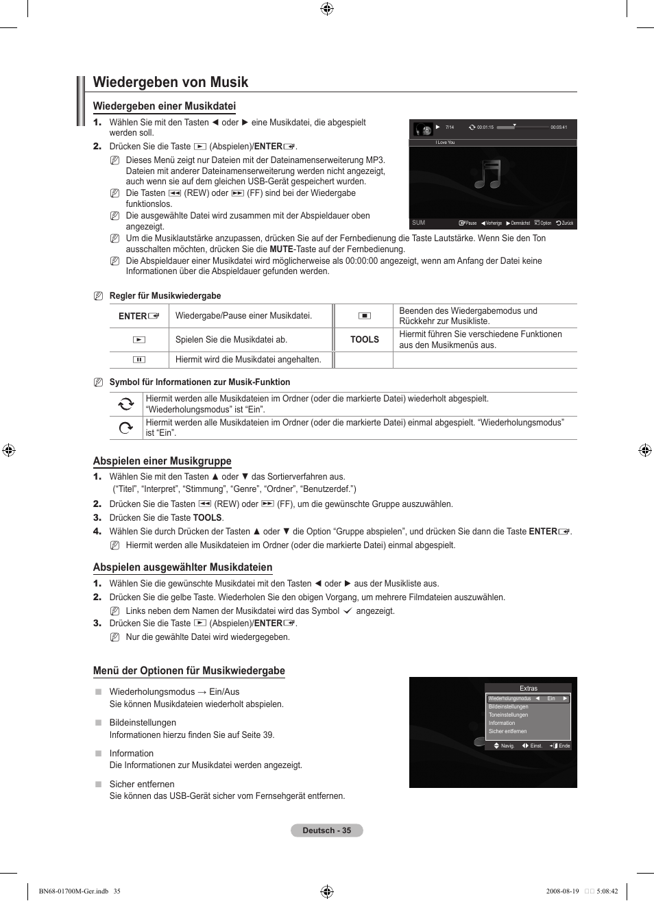 Wiedergeben von musik, Wiedergeben einer musikdatei, Abspielen einer musikgruppe | Abspielen ausgewählter musikdateien, Menü der optionen für musikwiedergabe | Samsung LE46A756R1M User Manual | Page 157 / 422
