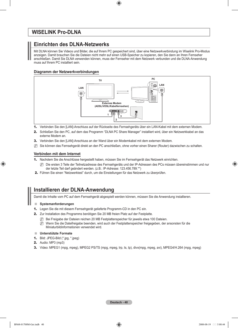 Wiselink pro-dlna einrichten des dlna-netzwerks, Installieren der dlna-anwendung | Samsung LE46A756R1M User Manual | Page 162 / 422