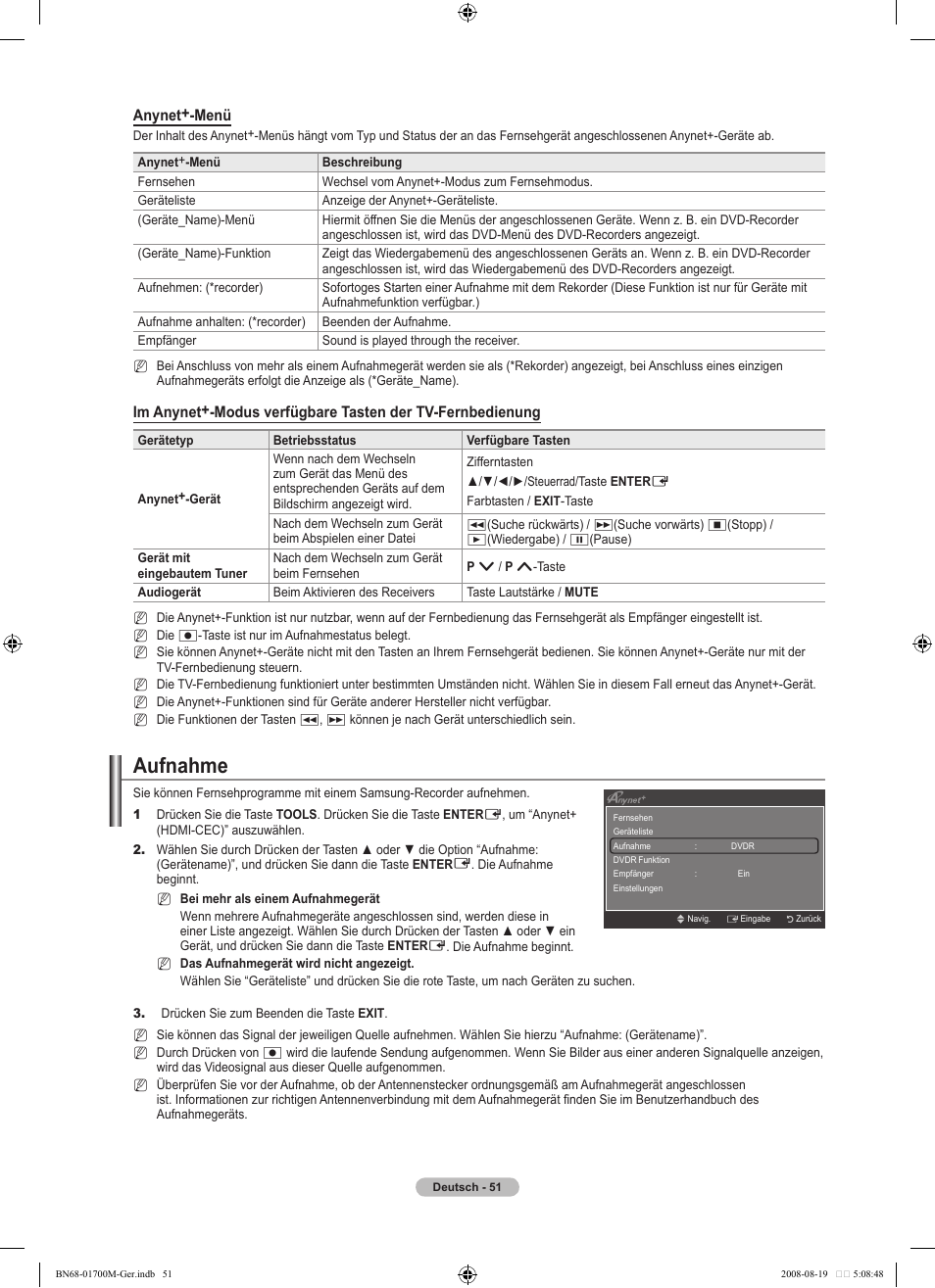 Aufnahme, Anynet+-menü | Samsung LE46A756R1M User Manual | Page 173 / 422