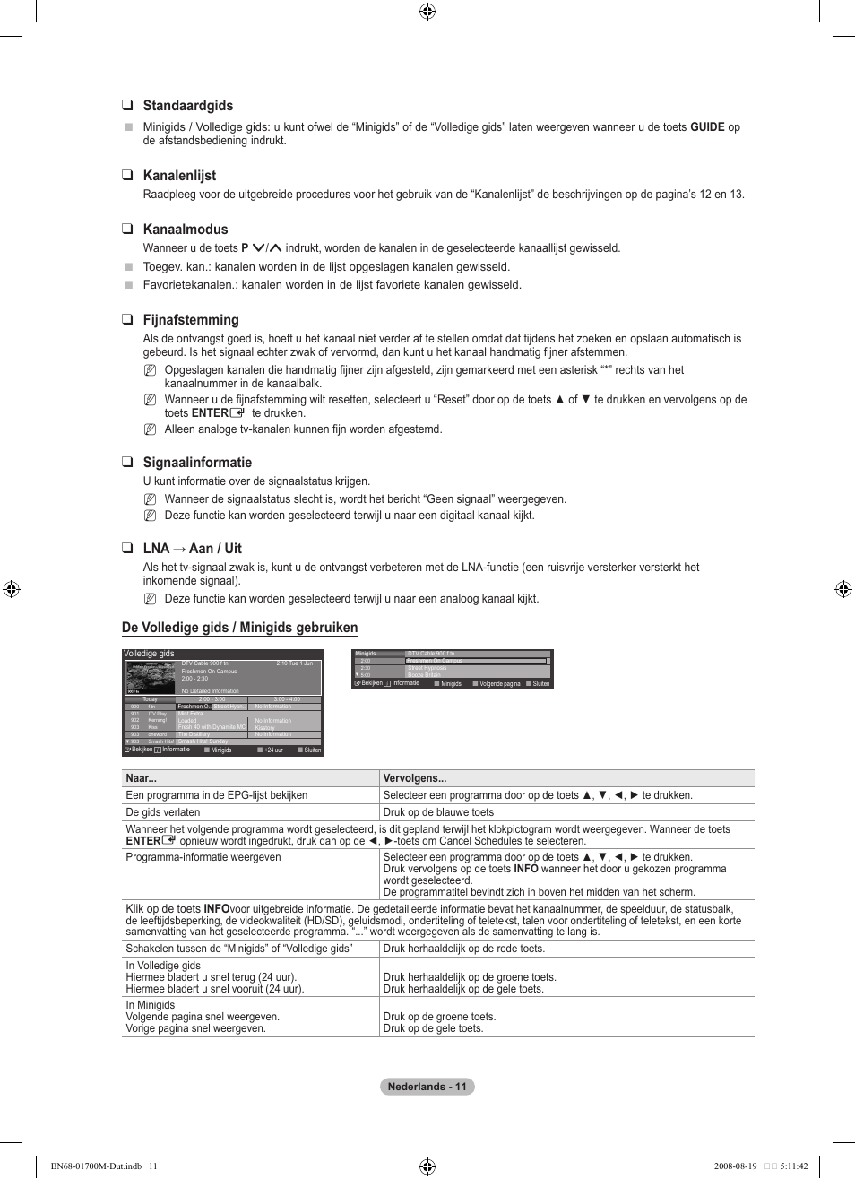 Standaardgids, Kanalenlijst, Kanaalmodus | Fijnafstemming, Signaalinformatie, Lna → aan / uit, De volledige gids / minigids gebruiken | Samsung LE46A756R1M User Manual | Page 193 / 422