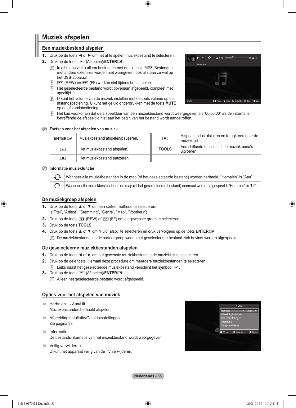 Muziek afspelen, Een muziekbestand afspelen, De muziekgroep afspelen | De geselecteerde muziekbestanden afspelen, Opties voor het afspelen van muziek | Samsung LE46A756R1M User Manual | Page 217 / 422
