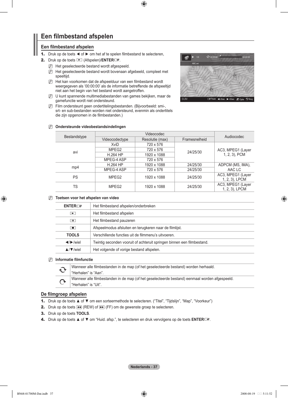 Een fi lmbestand afspelen, De fi lmgroep afspelen | Samsung LE46A756R1M User Manual | Page 219 / 422