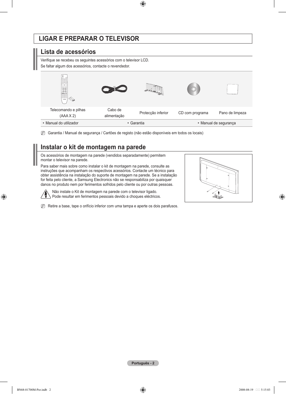 Lista de acessórios, Instalar o kit de montagem na parede, Ligar e preparar o televisor | Samsung LE46A756R1M User Manual | Page 244 / 422
