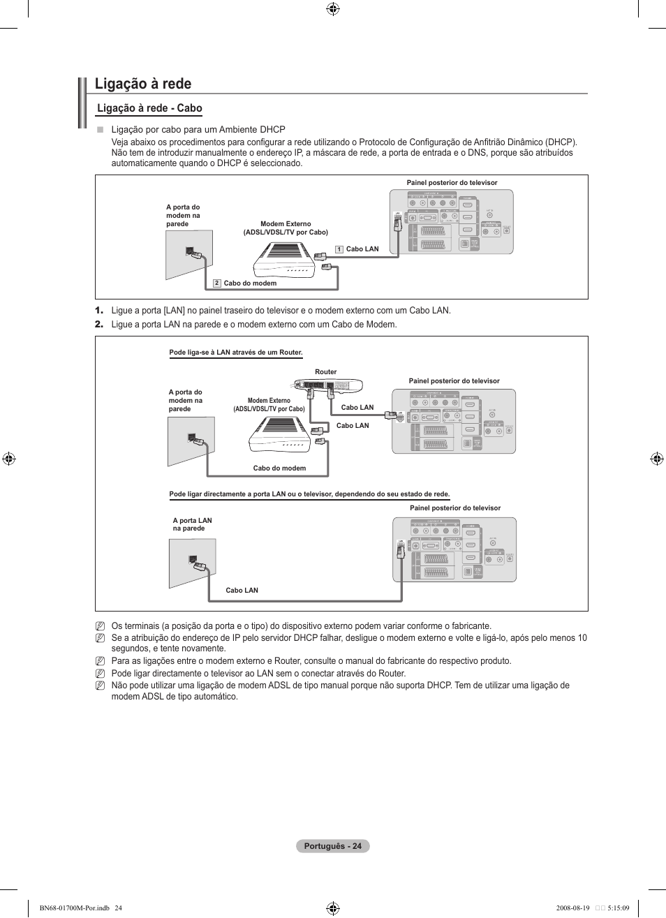Ligação à rede, Ligação à rede - cabo | Samsung LE46A756R1M User Manual | Page 266 / 422