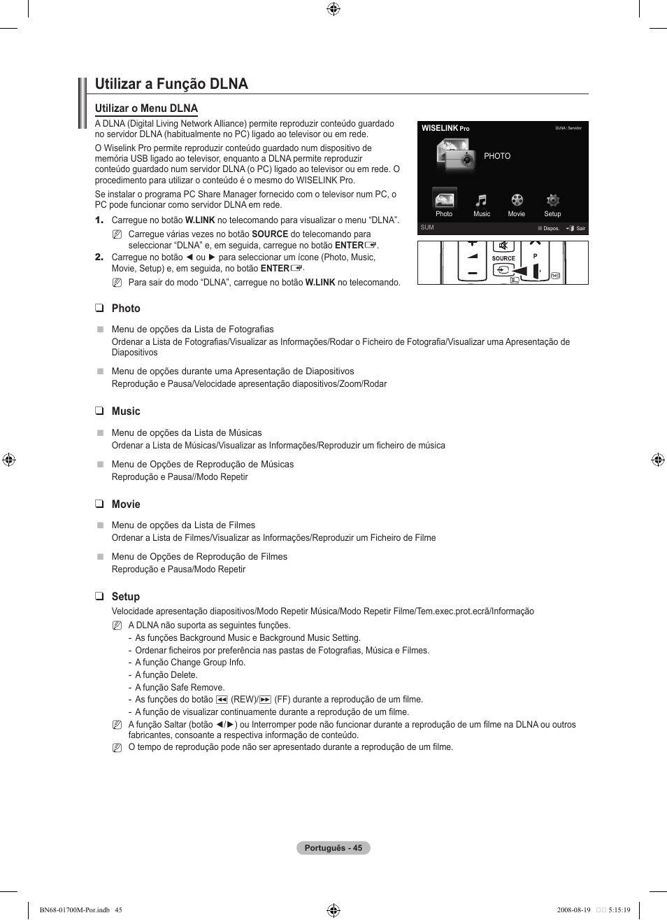 Utilizar a função dlna, Utilizar o menu dlna, Photo | Music, Movie, Setup | Samsung LE46A756R1M User Manual | Page 287 / 422
