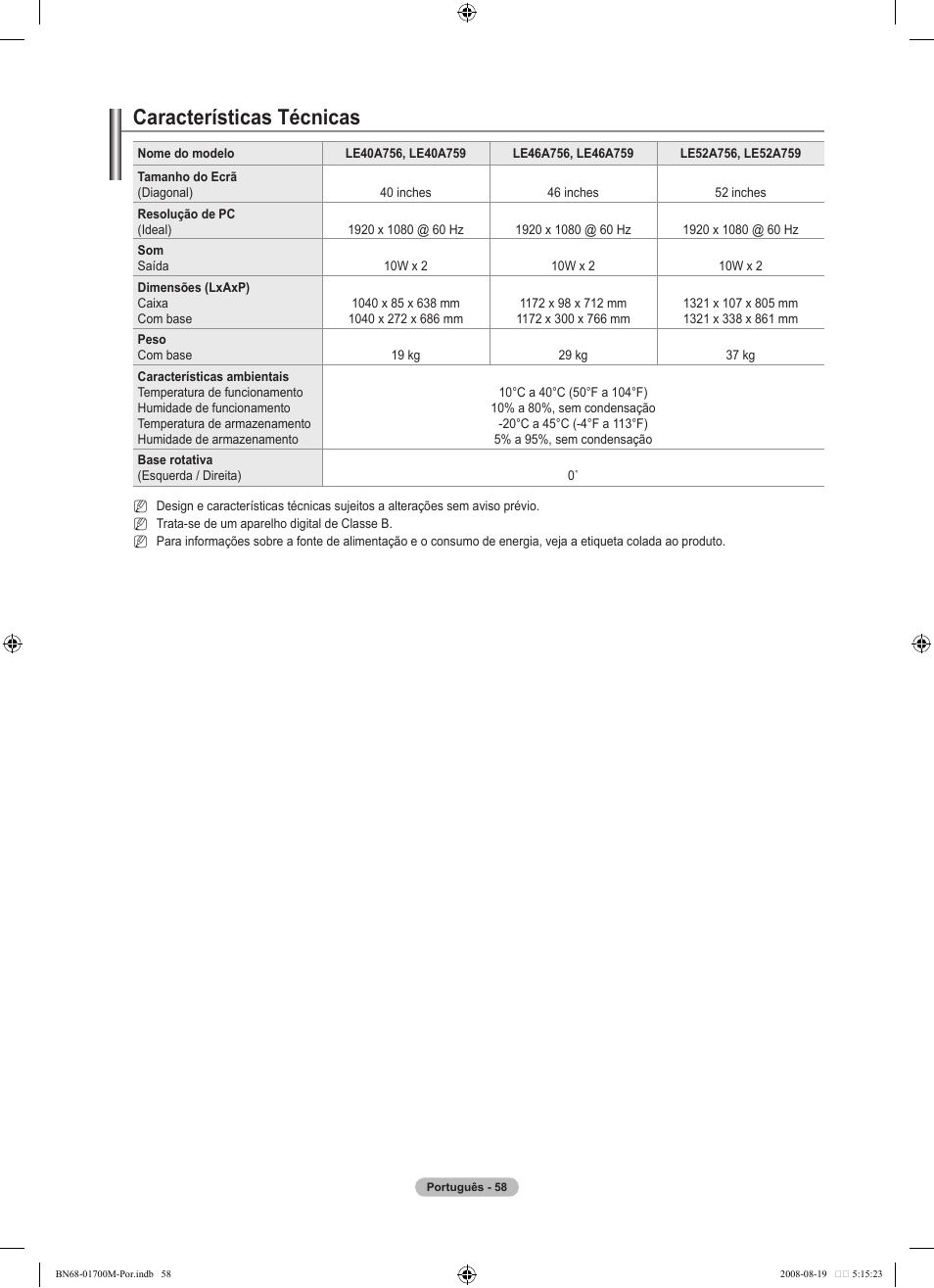 Características técnicas | Samsung LE46A756R1M User Manual | Page 300 / 422