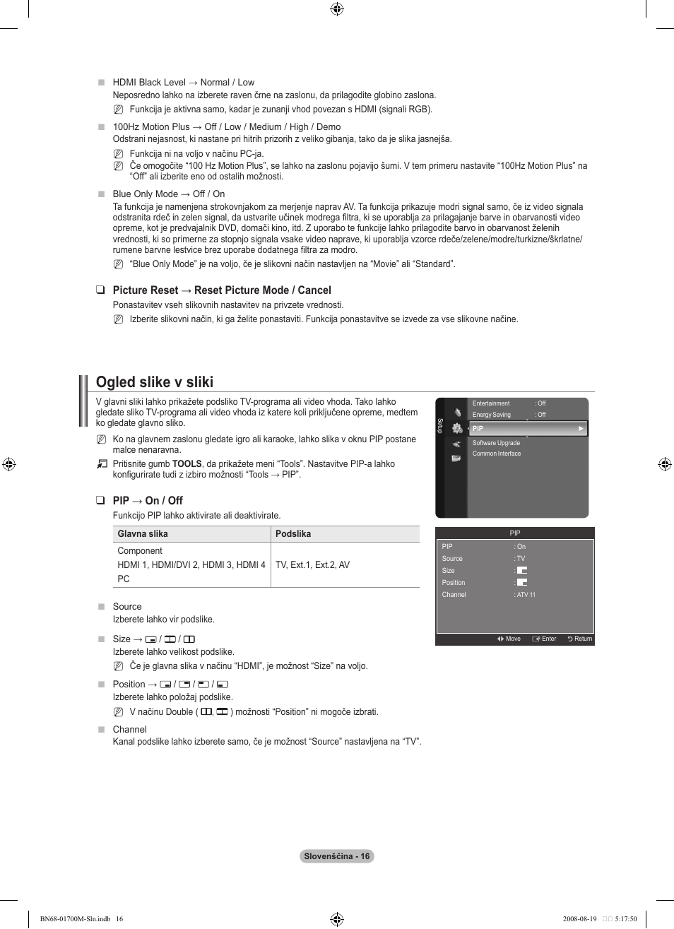 Ogled slike v sliki, Picture reset → reset picture mode / cancel, Pip → on / off | Samsung LE46A756R1M User Manual | Page 318 / 422